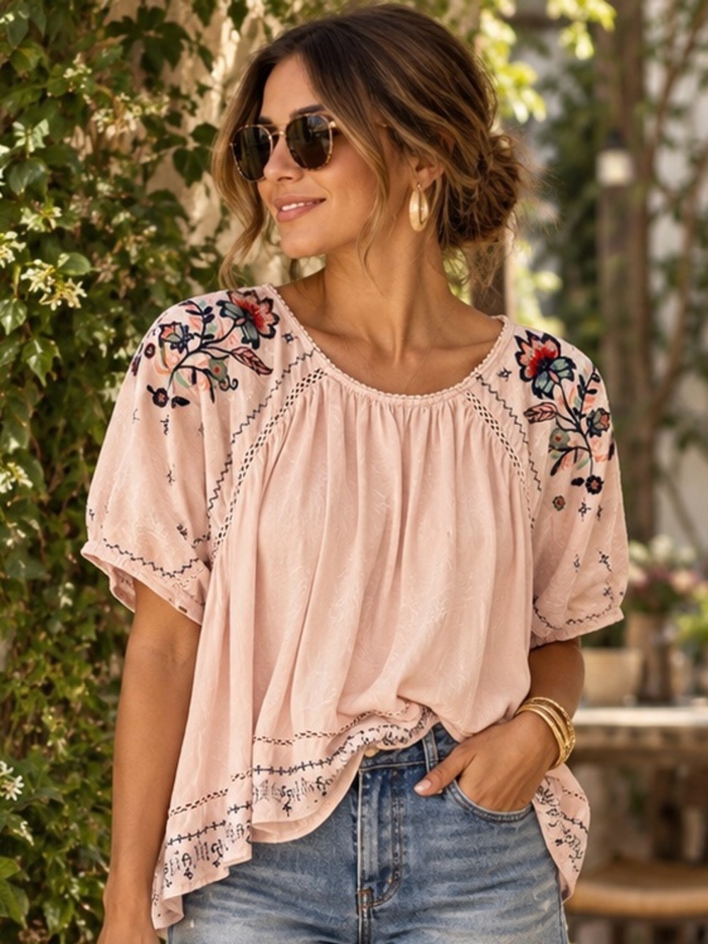 Knox Rose Blush Embroidered Peasant Blouse